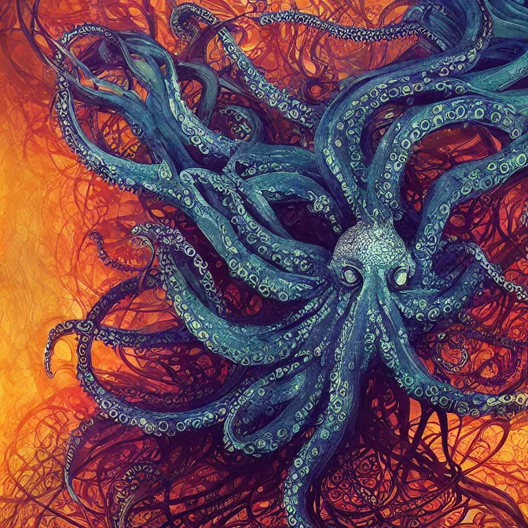 Image similar to depicting an octopus, in the style of h. p. lovecraft, exuberant organic elegant forms, by karol bak and filip hodas : : 1. 4 purple, red, blue, green, black intricate mandala explosions : : intuit art : : turbulent water backdrop : : damask wallpaper : : atmospheric