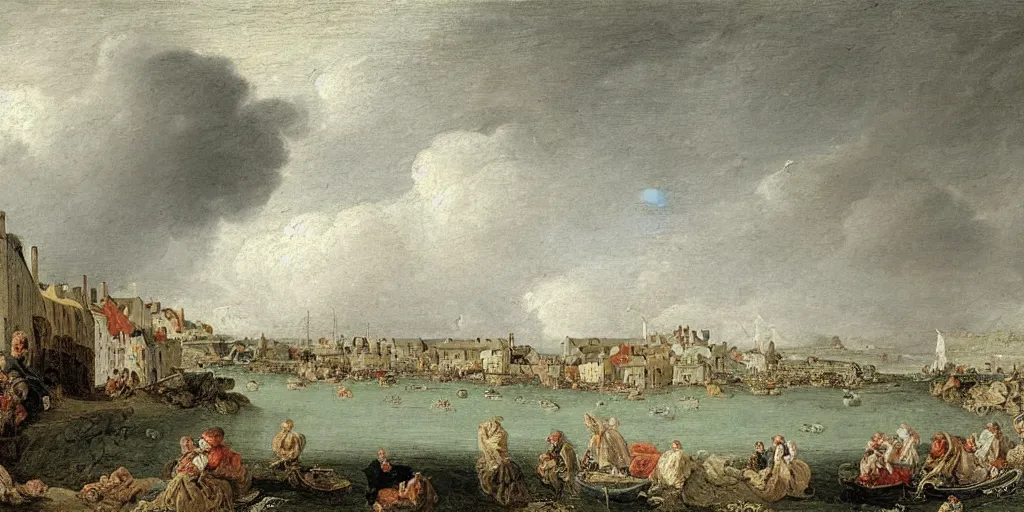Prompt: a painting of the harbour at Stromness, orkney islands, small houses, boats, sea, stormy clouds, by François Boucher, by Antoine Watteau