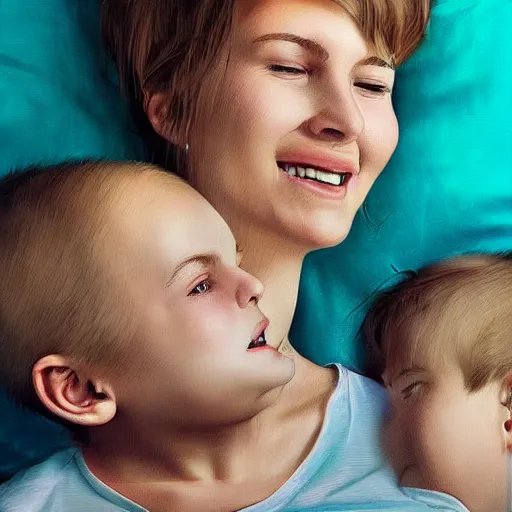 Image similar to illustration beautiful cinematic hyperrealism style where a mother appears with her happy son