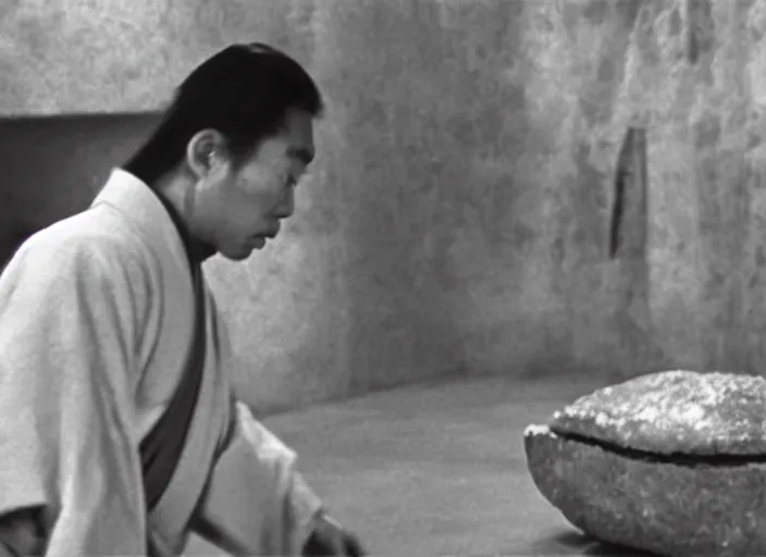 Image similar to a movie still of a samurai slicing through a loaf of bread by Akira Kurosawa