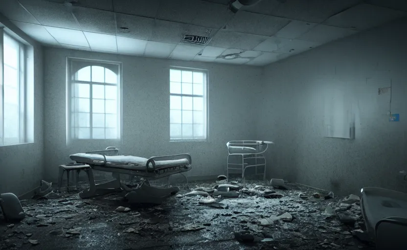 Image similar to an abandoned hospital room, gloomy and foggy atmosphere, octane render, artstation trending, horror scene, highly detailded