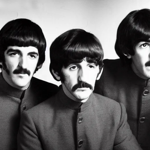 Image similar to a photo of paul, george, ringo and john all with a blank look on their faces, looking at one another
