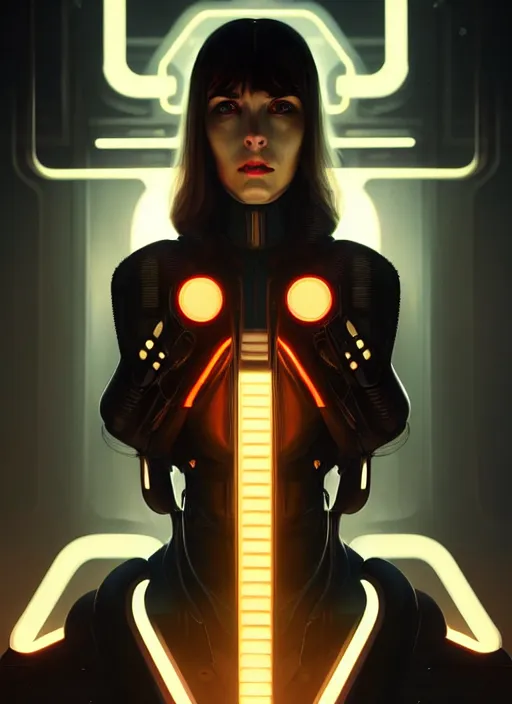 Image similar to symmetry!! portrait of woman with nanotech, sci - fi -, cyberpunk, blade runner, glowing lights, tech, biotech, techwear!! intricate, elegant, highly detailed, digital painting, artstation, concept art, smooth, sharp focus, illustration, art by artgerm and greg rutkowski and alphonse mucha