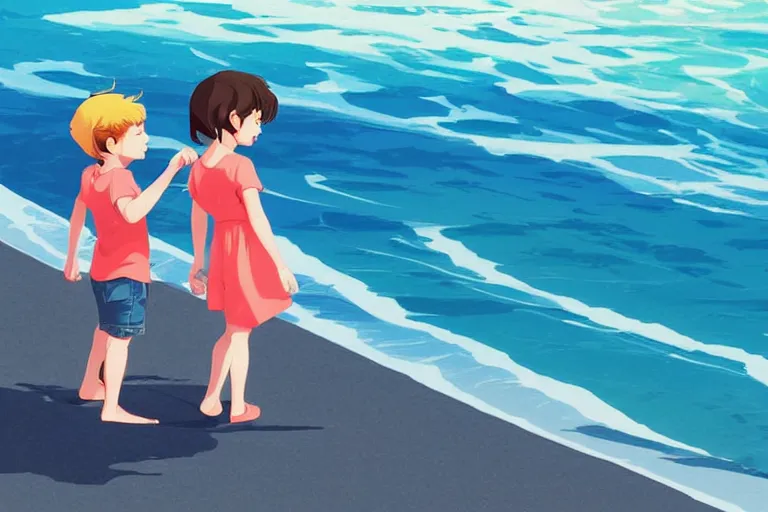 Image similar to a little boy and a little girl play at the sea beach. clean cel shaded vector art. shutterstock. behance hd by lois van baarle, artgerm, helen huang, by makoto shinkai and ilya kuvshinov, rossdraws, illustration, art by ilya kuvshinov