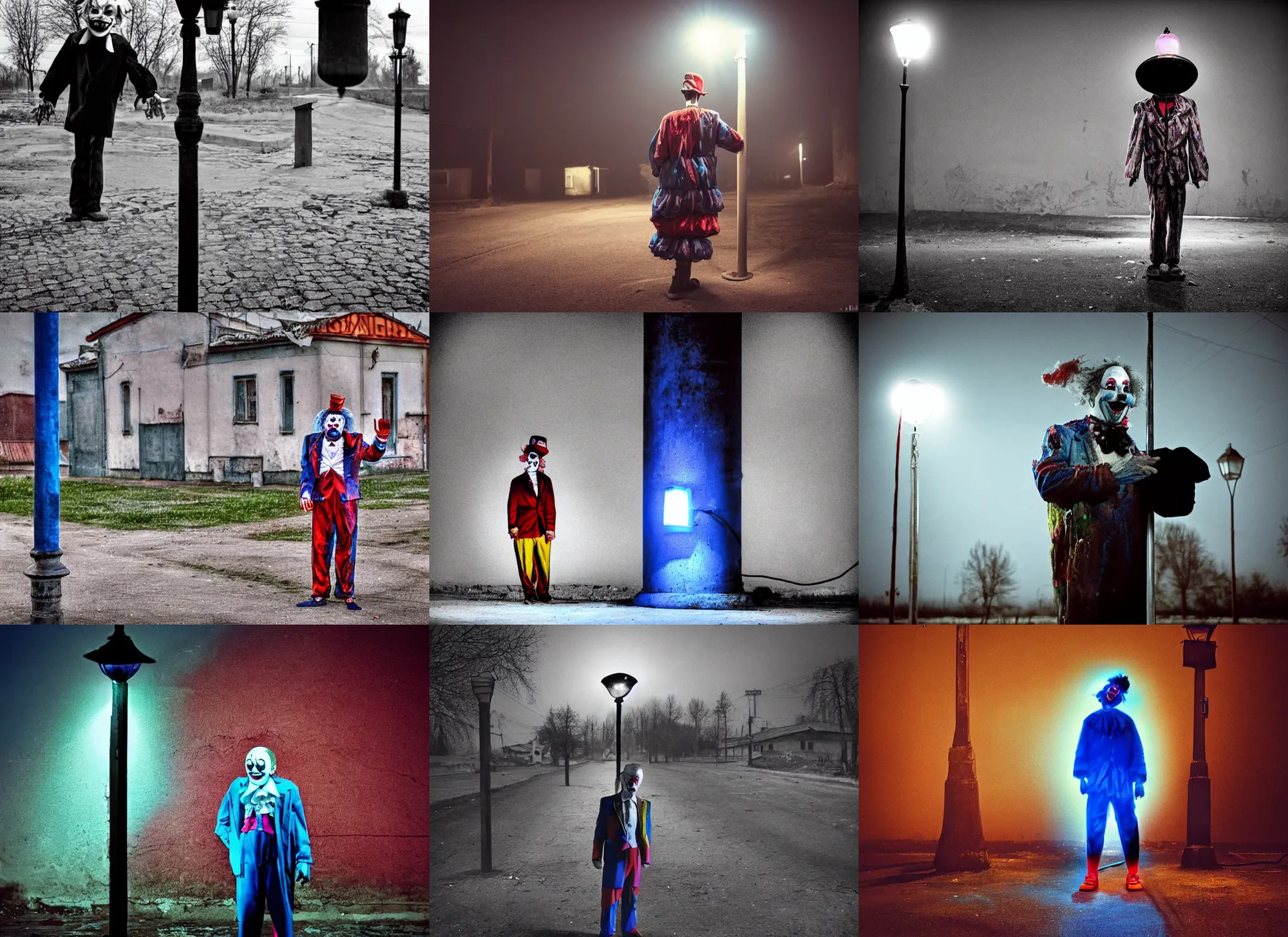 Prompt: a thin scary clown in torn clothes stands under a lamppost that shines a blue light on the clown, there is pitch darkness around the post, everything happens at night in an old Soviet village, the photo was taken from afar, the clown is far from the camera, a distorted photo, Colourful, Cinematic, filmic, 35mm, dark atmosphere, horror, scary, Wildlife photography, Polaroid, bad quality, distorted, Night, dark