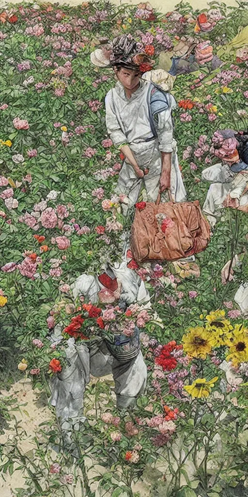 Image similar to oil painting scene from gardeners in the flower garden by kim jung gi