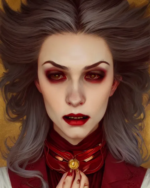 Prompt: female vampire, perfect face, gold waistcoat, red shirt, long grey hair, red necktie, cinematic, stunning, highly detailed, digital painting, artstation, smooth, hard focus, illustration, art by artgerm and greg rutkowski and alphonse mucha