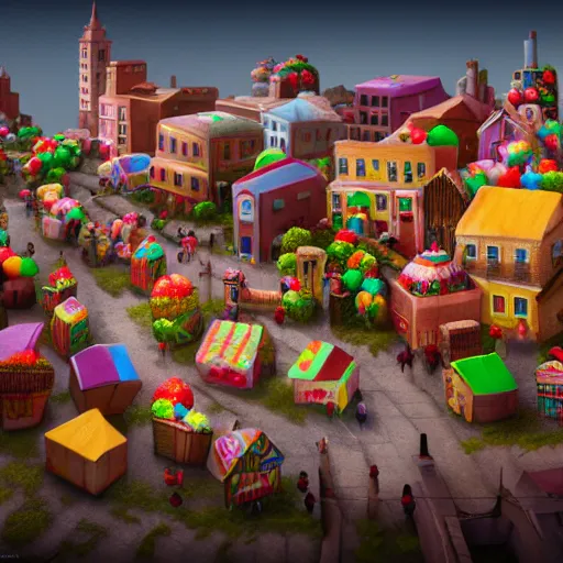 Image similar to Village made of sweets, 4k octane render, detailed art, artstation, streetview, CGSociety, deviantart