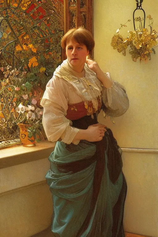 Image similar to angela merkel, Ilya repin, alphonse mucha, and Edmund Blair Leighton A meaningful painting in an symbolist style, oil on canvas, baroque, beautiful lighting, trending on Artstation, Highly detailed