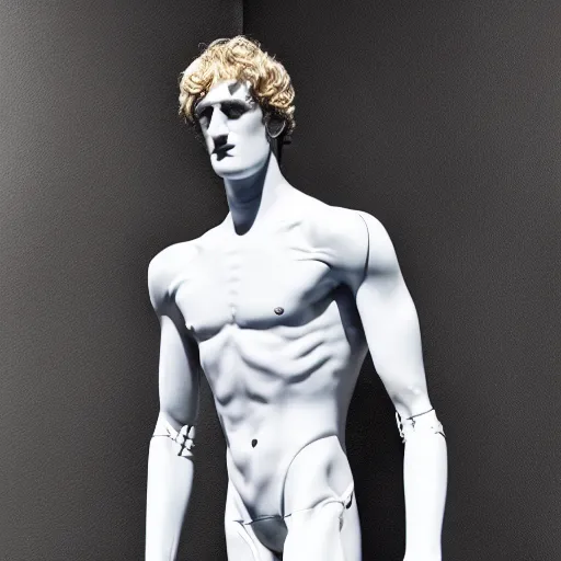 Image similar to a realistic detailed photo of a guy who is an attractive humanoid who is half robot and half humanoid, who is a male android, boxer and youtuber logan paul, shiny skin, posing like a statue, blank stare, at the museum, on display