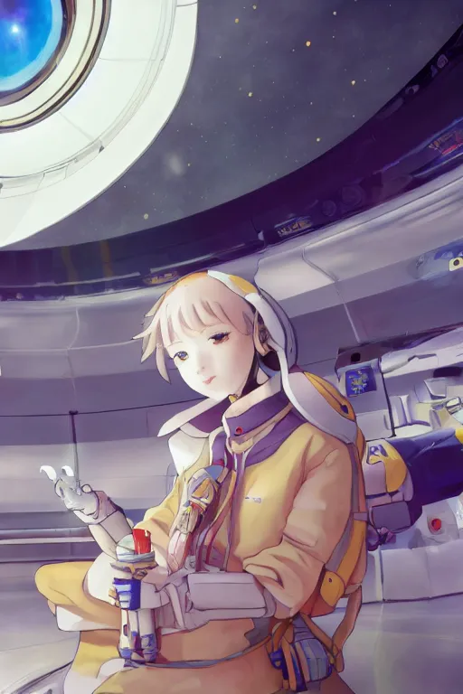 Prompt: a young girl waiting in a spaceport for her flight, last exile, blue submarine no. 6, loish, murata range, kawaii, studio lighting, anime, manga, vibrant bright colors, japanese, beautiful,35mm lens, dreamy, mucha, gradation, jean giraud, fantasy