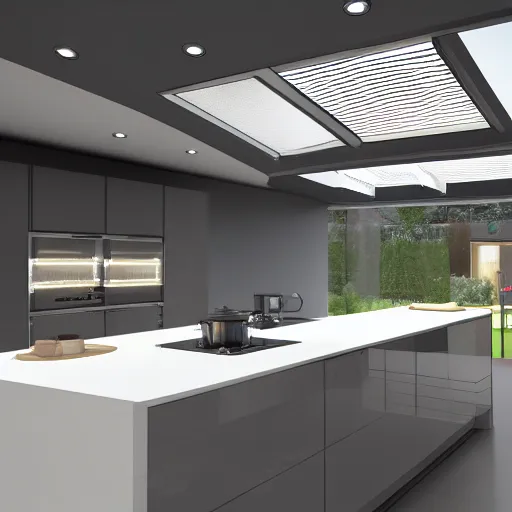 Prompt: modern kitchen with rgb led strip lighting roof lantern, homes and gardens, super detailed render, award winning,