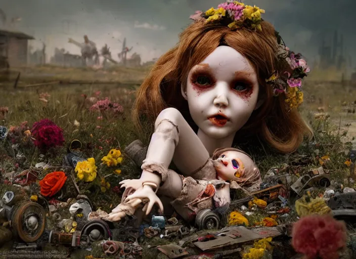 Prompt: broken toy doll with human face, a lot of dead flowers, junkyard, by frank frazetta, high details, cinematic, 8 k resolution, beautiful detailed, insanely intricate details, hyperrealism, artstation trending, octane render, unreal engine