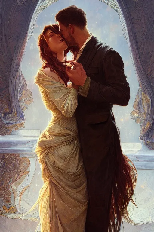 Image similar to portrait of a man in dhl van hugging his wife, feelings, romantic, fantasy, intricate, elegant, highly detailed, digital painting, artstation, concept art, smooth, sharp focus, illustration, art by artgerm and greg rutkowski and alphonse mucha