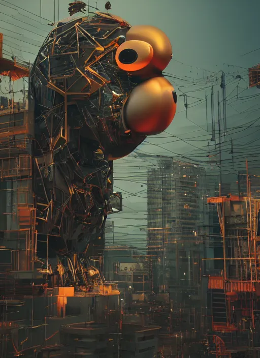 Image similar to people building giant head of a robot mickey mouse inside of abandoned netflix office, cyberpunk, by beeple, dystopia, golden ratio, octane render, redshift, trending on artstation, 8 k