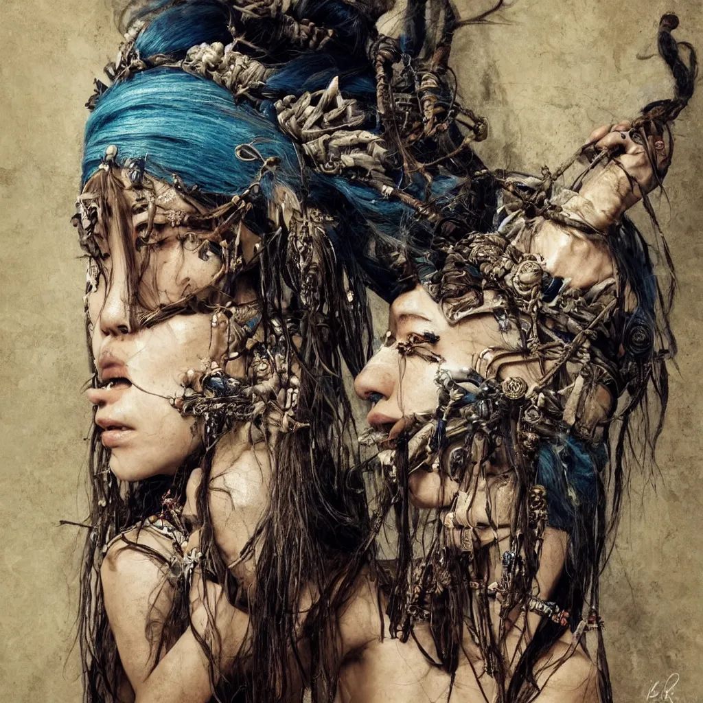 Image similar to A young blindfolded shaman japanese woman with a decorated headband performing a pagan ritual, in the style of heilung, blue hair dreadlocks and wood on her head, tribal piercing and tatoos , atmospheric lighting, intricate detail, cgsociety, ambient light, dynamic lighting, art by karol bak