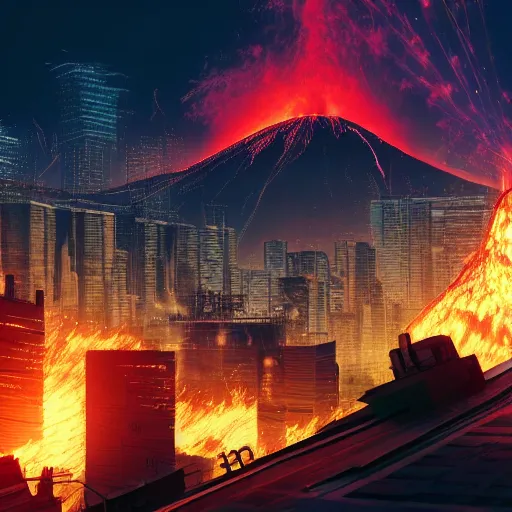 Image similar to large cyberpunk city on fire with volcano erupting in the background, planets in the sky, sharp focus, highly detailed, night