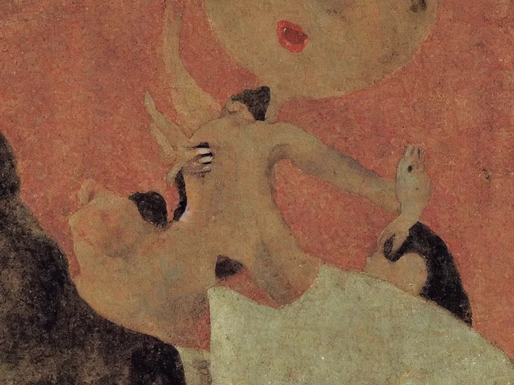 Prompt: Close up of a small devil taking the soul from the chest of a dead man. Painting by Odilon Redon, Piero della Francesca