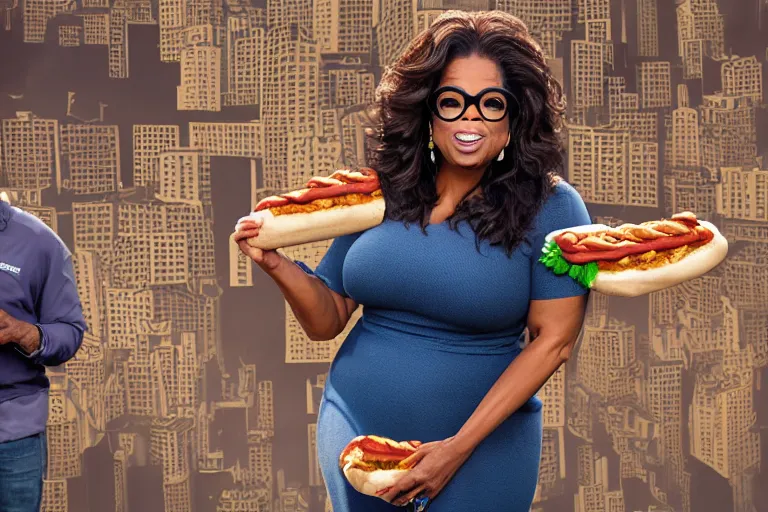 Prompt: oprah winfrey holding a hotdog, surrounded by homeless people, cardboard city, hyper realistic, 8 k, ethereal details, high resolution, cinematic lighting