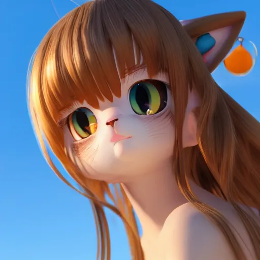 Image similar to Render of a very beautiful 3d anime cat girl, long hair, hazel eyes, cute freckles, full round face, short smile, cute sundress, golden hour, serene beach setting, medium shot, mid-shot, highly detailed, trending on Artstation, Unreal Engine 4k