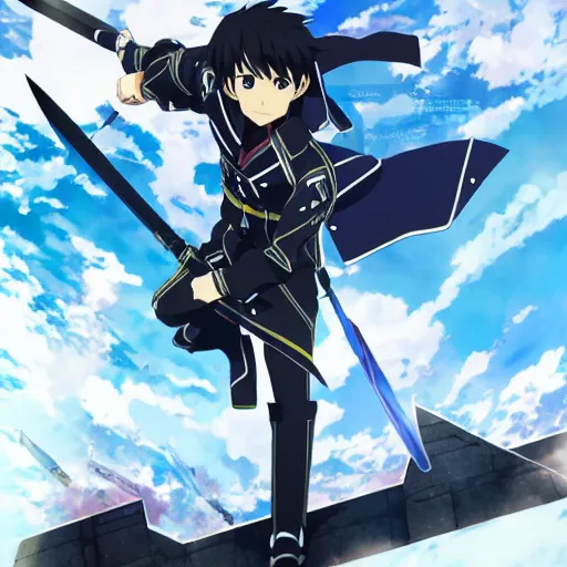 Prompt: Key anime visual of Kirito from Sword Art Online; official media