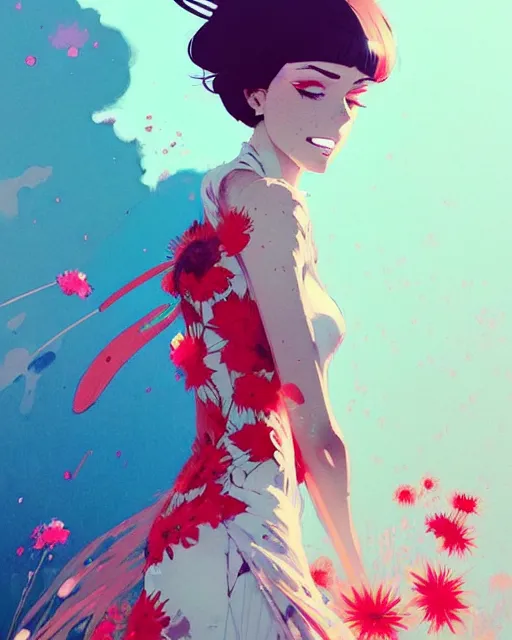 Prompt: a ultradetailed beautiful panting of a stylish woman in a flower dress, by conrad roset, greg rutkowski and makoto shinkai, trending on artstation