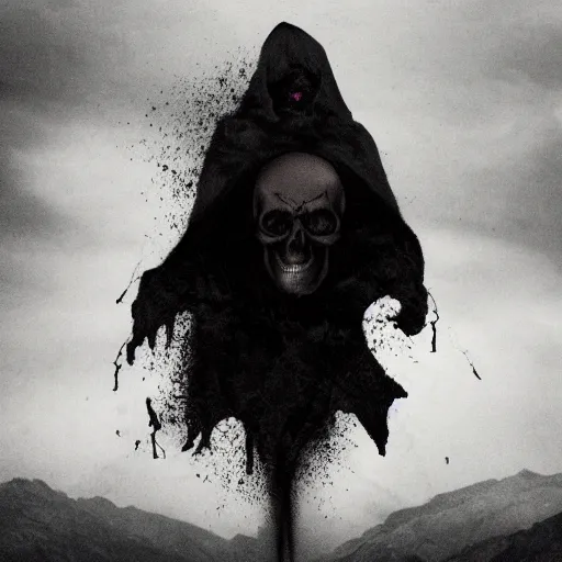 Image similar to dark figure with tattered cloak with skull instead of head on a mountain in gloomy fog, atmospheric lightning