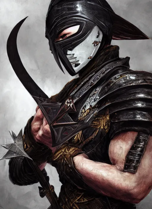 Prompt: masked male assassin holding a oversized shuriken by wlop, wuxia, xianxia, weathered skin, athletic, black leather armor, oversized shuriken, detailed, realistic, anatomically accurate, fantasy illustration, artstation, wlop, wang liang.