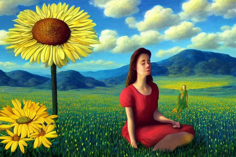 Image similar to giant daisy flower head, woman sitting, surreal, clouds in sky, impressionist painting, digital painting, artstation, rob gonsalves