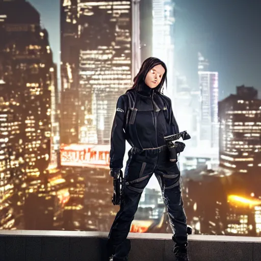 Image similar to photographic portrait of a techwear woman holding a shotgun, closeup, on the rooftop of a futuristic city at night, sigma 85mm f/1.4, 4k, depth of field, high resolution, 4k, 8k, hd, full color, Die Hard, movies with guns, movie firearms