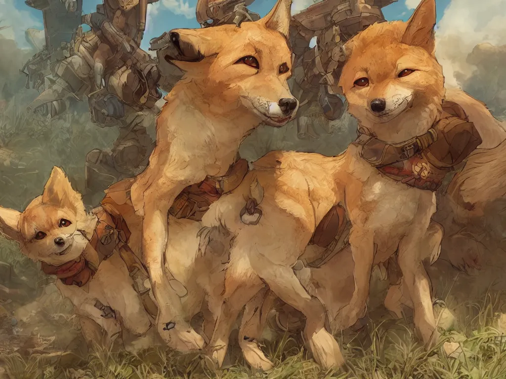 Prompt: stylized character concept art of the small cute dingo dog in the australia outback, hidari, color page, tankoban, 4 k, tone mapping, akihiko yoshida, clean bright happy adventure