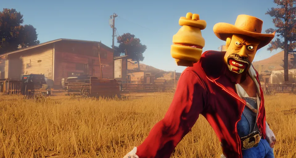 Image similar to Screenshot of Frylock from Aqua Teen Hunger Force as a 3d cowboy in full cowboy attire in the videogame 'Red Dead Redemption 2'. Sharpened. 1080p. High-res. Ultra graphical settings.