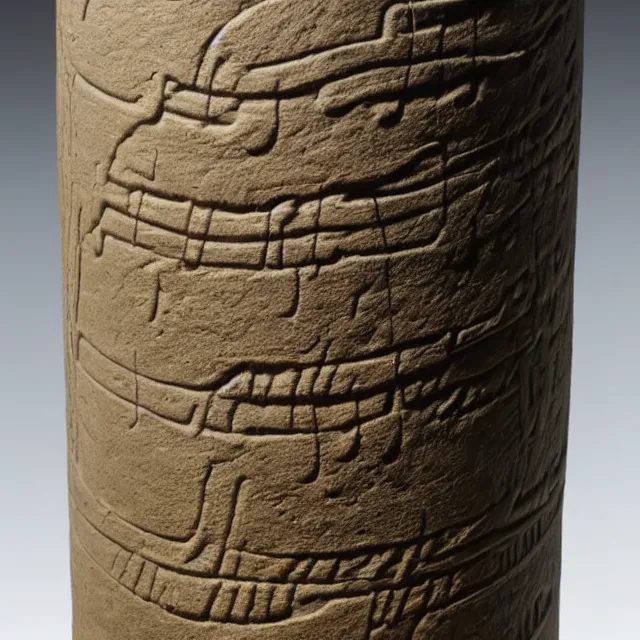 Prompt: a full realistic photo of a tall and thin cylindrical clay scroll jar with two sentences of nabatean aramaic, dark, brooding, atmospheric, volume lighting