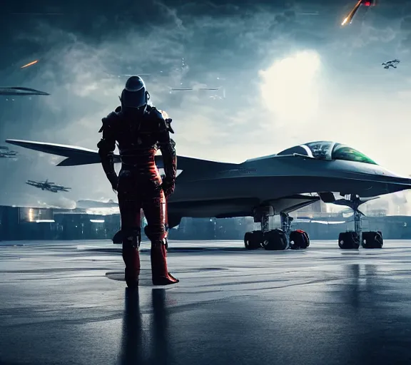 Prompt: fighter pilot stands beside futuristic sci fi fighter jet landed at runway of cyberpunk city ,dark cinematic lighting , digital concept art