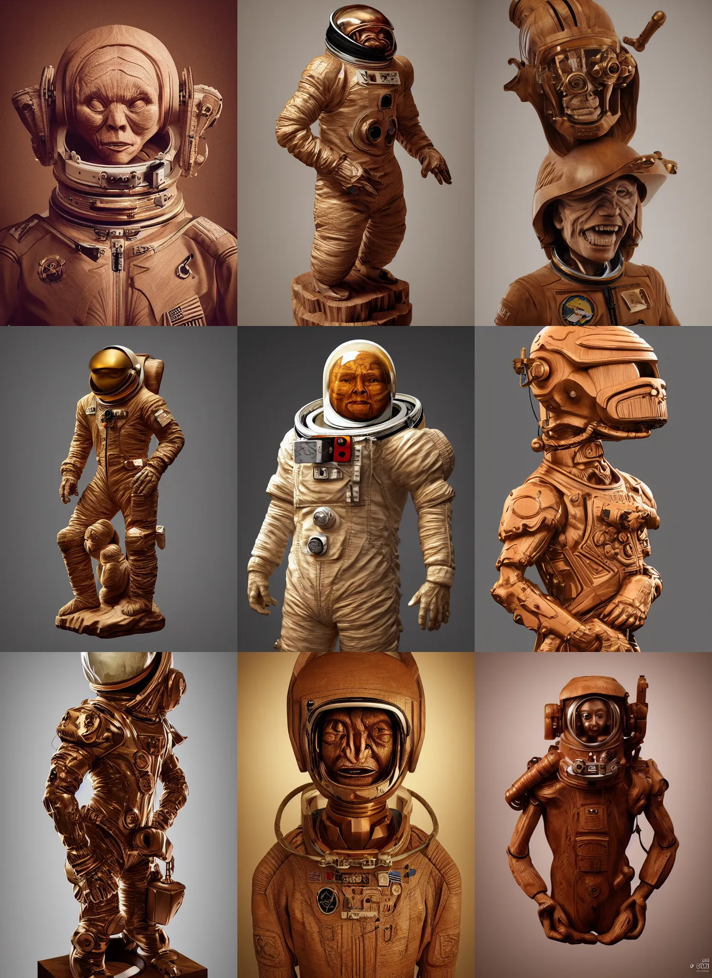 Prompt: astronaut carved from wood in baroque style, studio light, demonic, maria panfilova, andrea savchenko, mike kime, ludovic plouffe, qi sheng luo, oliver cook, trending on artstation