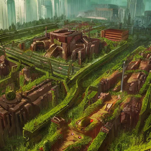 Prompt: Doom, city overgrown with vegetation, surviving humanity, game concept art, highly detail