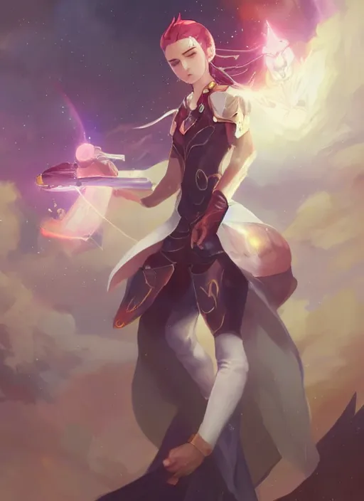 Image similar to a female space mage, star guardian inspired, perfect art, trending on pixiv, painted by greg rutkowski, akihiko yoshida, yuumei, soft light, warm colors, cinematic color grading, realistic, artgerm