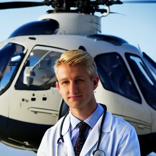 Image similar to blond male doctor in front of helicopter, epic lighting