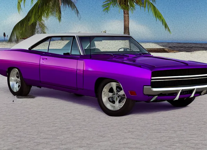 Prompt: hyperrealism, detailed textures, photorealistic 3 d render, a dreamy beach in cuba, a 1 9 7 0 hemi charger with plum crazy purple colour scheme, mickey thompson tires, centrerline rims, sharp focus, ultra realistic, ultra high pixel detail, cinematic, intricate, cinematic light, concept art, illustration, art station, unreal engine 8 k