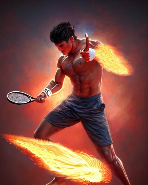 Image similar to Muscular male tennis player hitting a powerful ball of fire, art deco, fantasy, intricate fire designs, elegant, highly detailed, sharp focus, art by Artgerm and Greg Rutkowski and WLOP