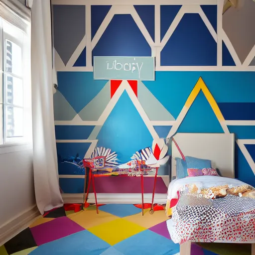 Image similar to furnishing catalog photography, children's room. The walls are decorated with triangles of all colors that explode towards the ceiling