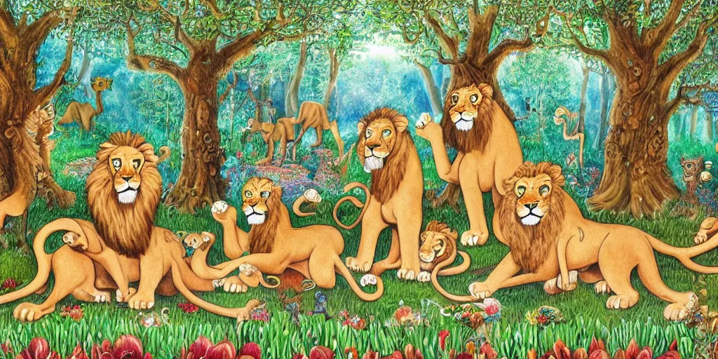 Prompt: lions in front of birthday table in fairytale forest , huge scale, high detail, intricate by Axel Scheffler