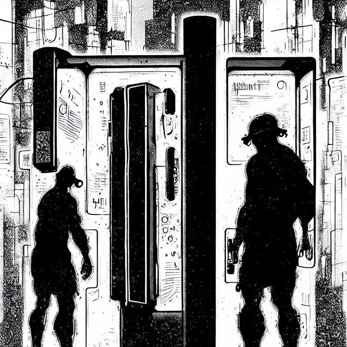 Prompt: weary miners look at opaque phone booths. storyboard, scifi cyberpunk. by gabriel hardman, joe alves, chris bonura. cinematic atmosphere, detailed and intricate, perfect anatomy