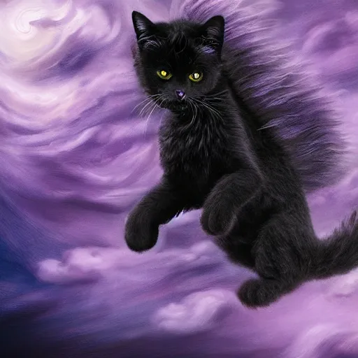 Prompt: super detailed black fluffy cat riding a purple dragon in a storm, ultrarealistic, highly detailed, soft colors