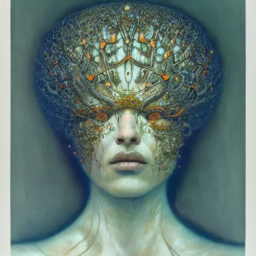 Image similar to queen of jupiter by zdzisław beksinski, iris van herpen, raymond swanland, alexander mcqueen and alphonse mucha. highly detailed, hyper - real, beautiful