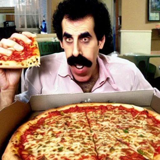 Image similar to borat eating pizza, wet, sloppy gross, obnoxious