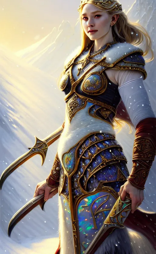 Image similar to opal viking warrior, regal, elegant, winter, snow, beautiful, stunning, hd, illustration, epic, d & d, fantasy, intricate, elegant, highly detailed, wide angle, digital painting, artstation, concept art, smooth, sharp focus, illustration, wallpaper, art by artgerm and greg rutkowski and alphonse mucha and jin xiaodi