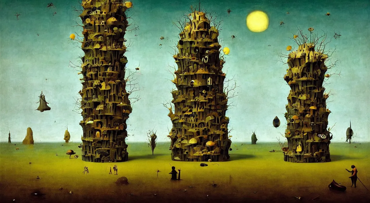 Image similar to single flooded simple!! rock hive tower anatomy, very coherent and colorful high contrast masterpiece by franz sedlacek hieronymus bosch dean ellis simon stalenhag rene magritte gediminas pranckevicius, dark shadows, sunny day, hard lighting