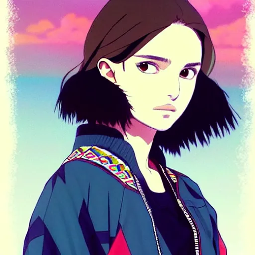 Image similar to a beautiful! boyish! natalie portman alluring gravure! model, wearing oversized aztec bomber jacket and leotard, poofy bomber jacket with mayan patterns, gapmoe yandere grimdark, trending on pixiv fanbox, painted by greg rutkowski makoto shinkai takashi takeuchi studio ghibli, akihiko yoshida