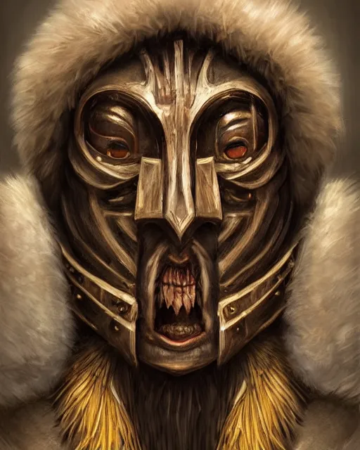 Prompt: digital painting of horrifying masked incan warrior, by filipe pagliuso and justin gerard, symmetric, fantasy, highly detailed, realistic, intricate, portrait, sharp focus, tarot card, face, handsome, peruvian